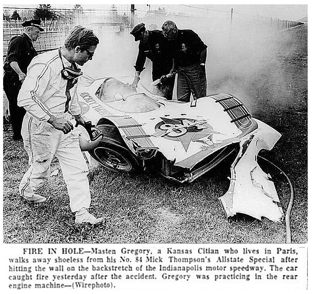 masten gregory crashes in mickey thompson's 1964 indy racer